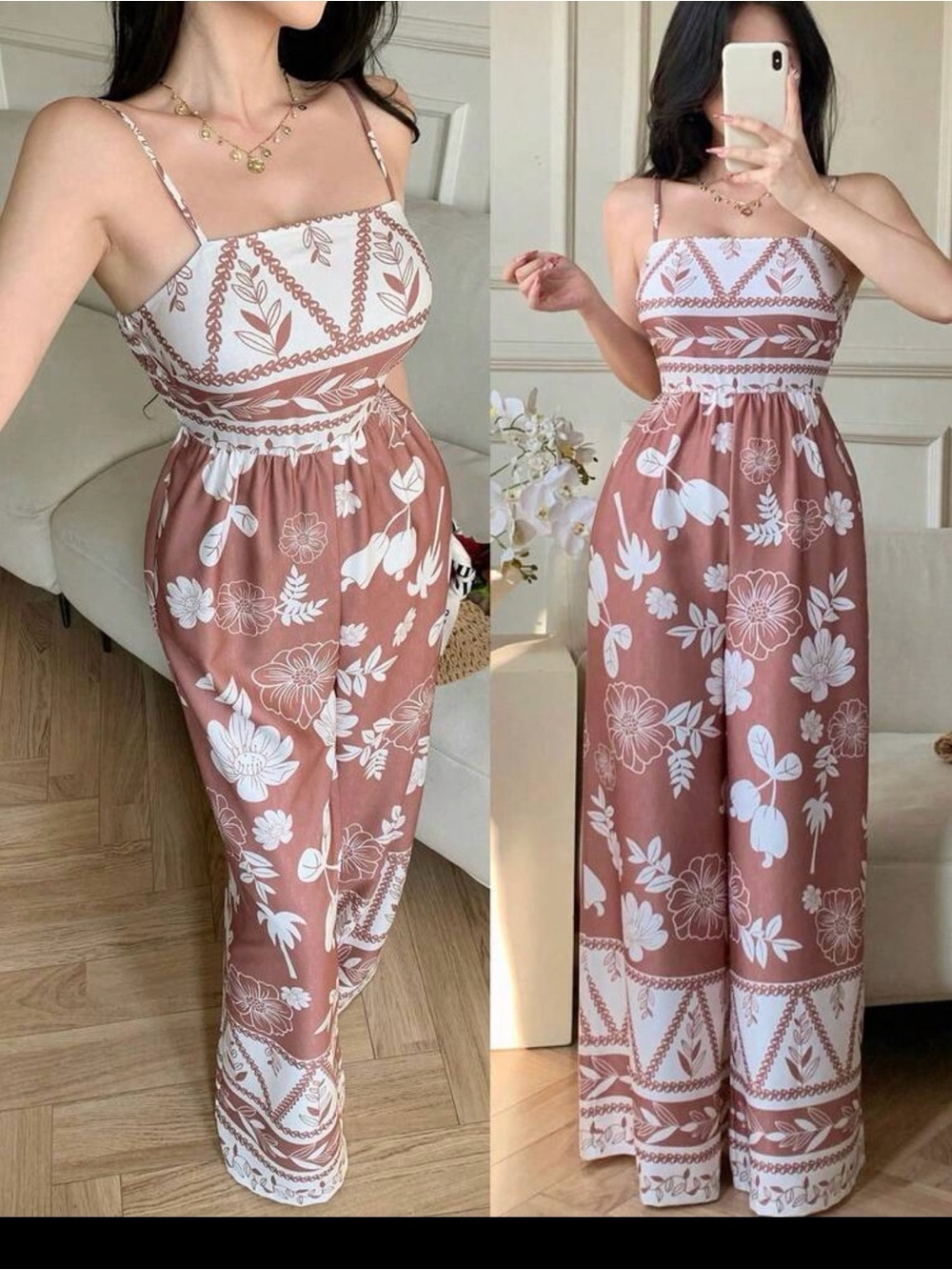 Women’s Floral Wide-Leg Jumpsuit - Brown & White